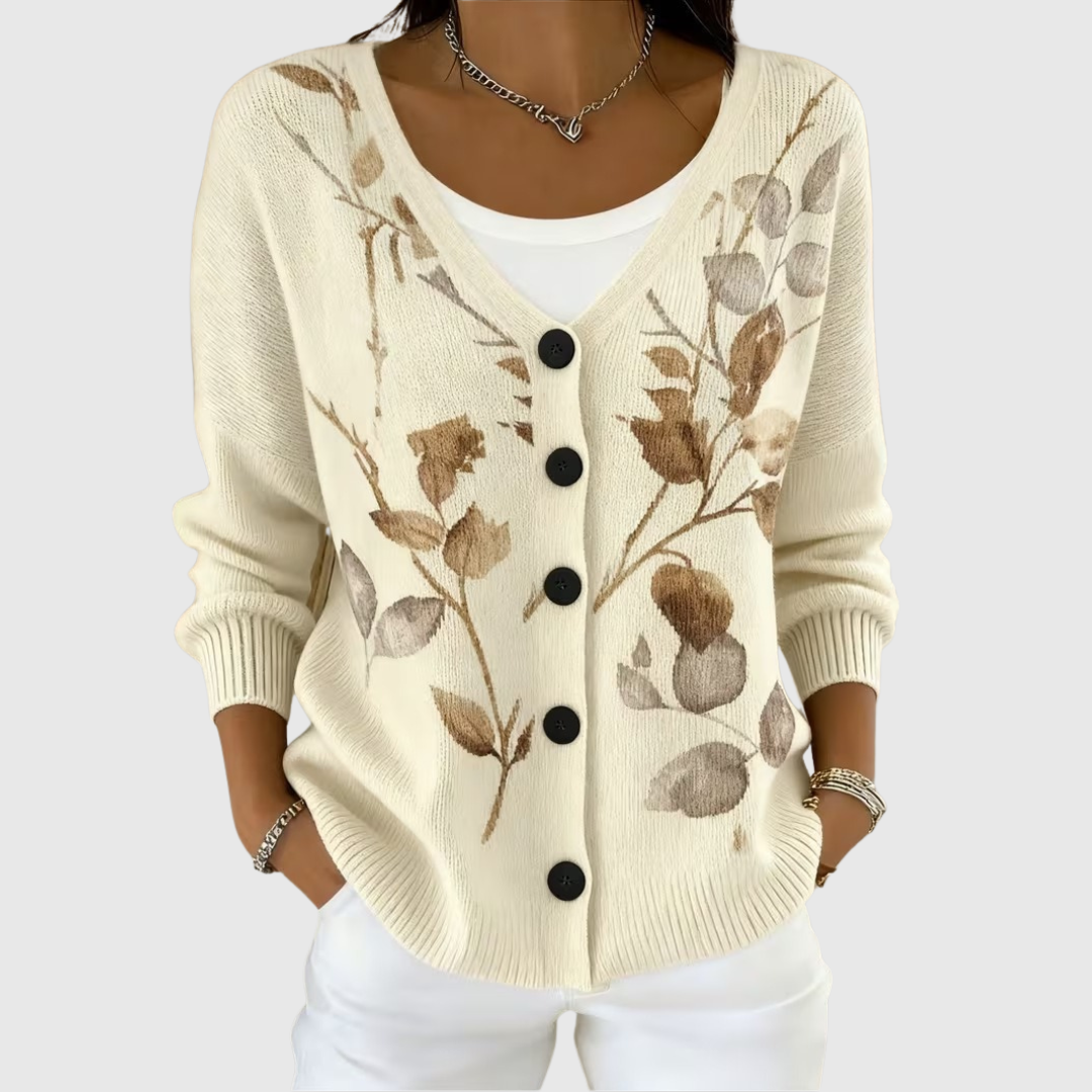 Honorine - Cardigan boutonné crème à feuillage brun