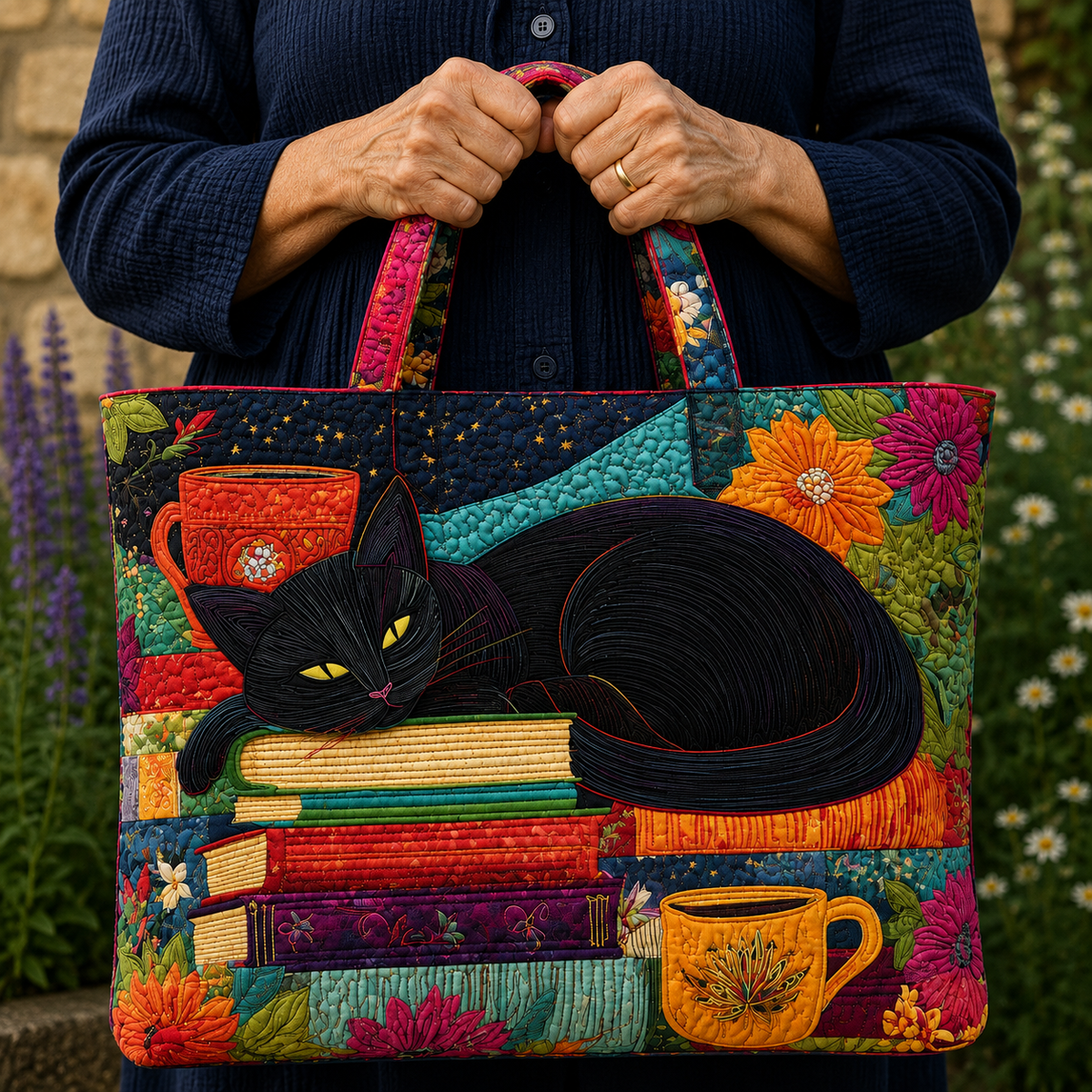 Chat Noir et Livres | Sac matelassé