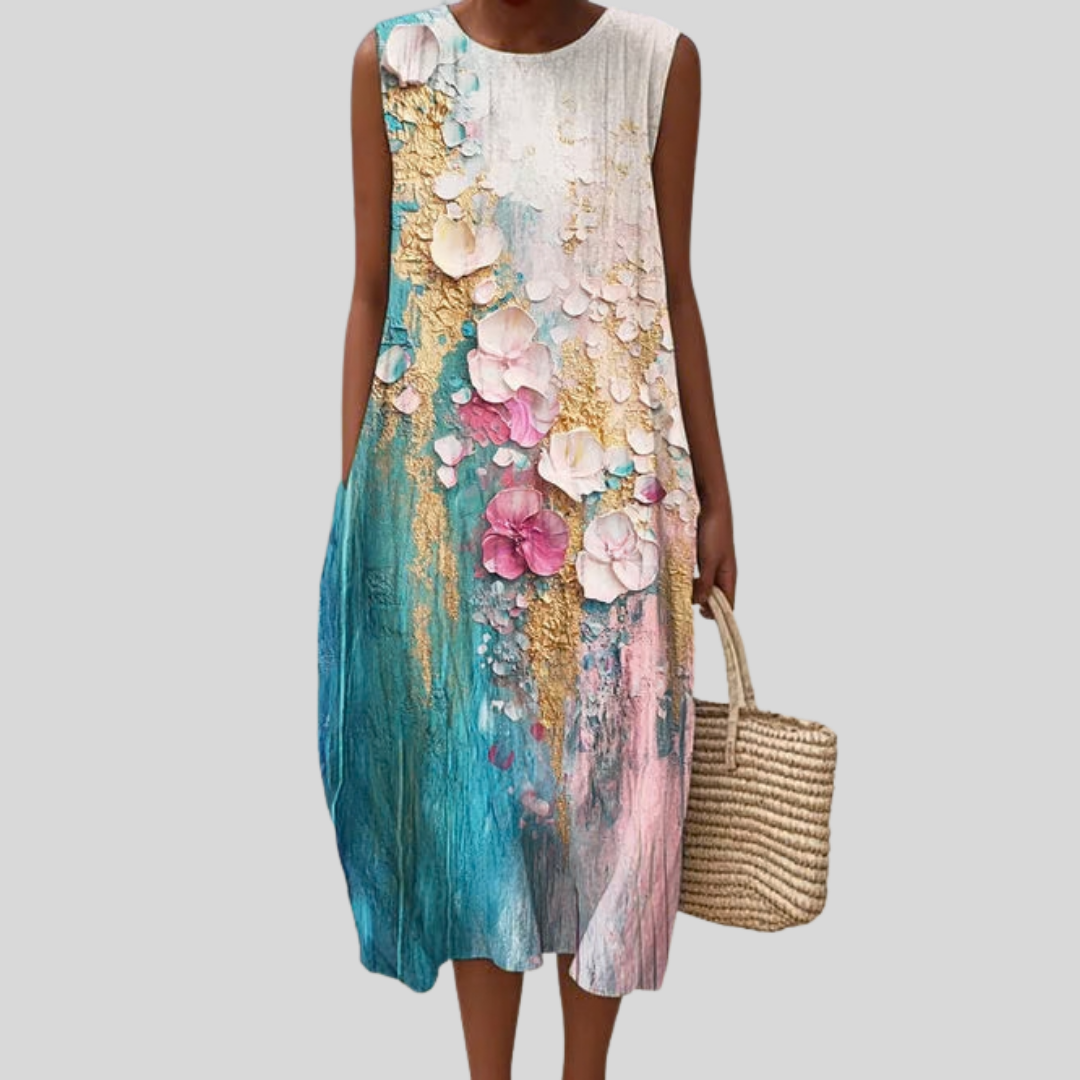 Robe Turquoise et Rose à Motif Floral 3D