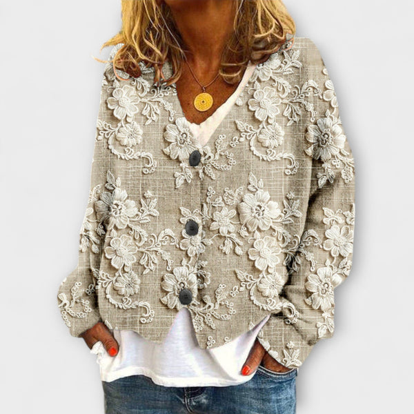 Stella - Cardigan Beige à Motif Floral 3D