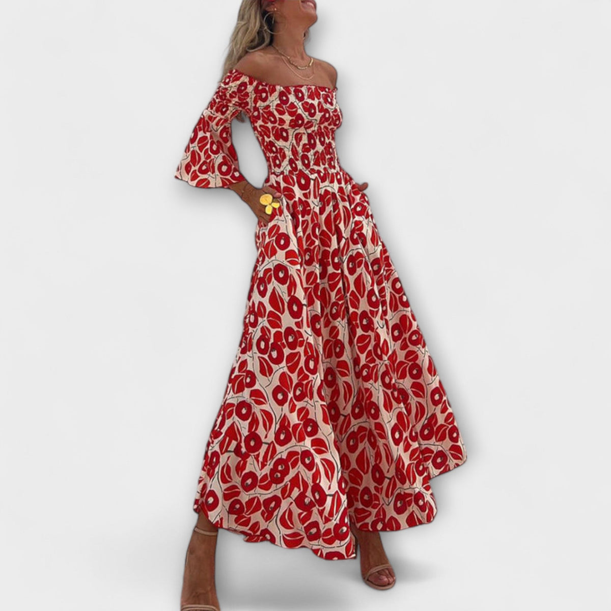 Sienna - Robe Longue Rouge Épaules Dénudées à Fleurs