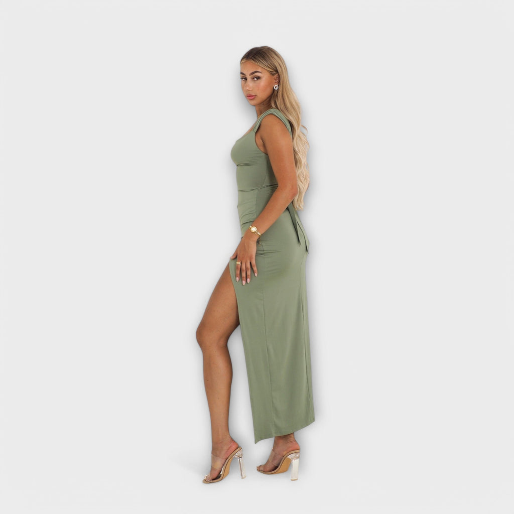 Ellie - Robe Midi Ajustée Vert Olive à Fente