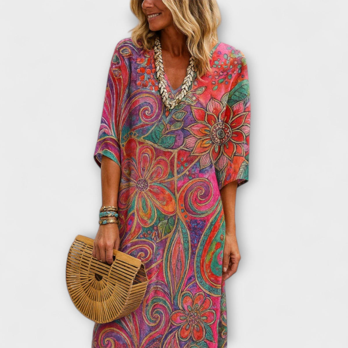 Aureline - Robe Longue Bohème Colorée à Motif Cachemire
