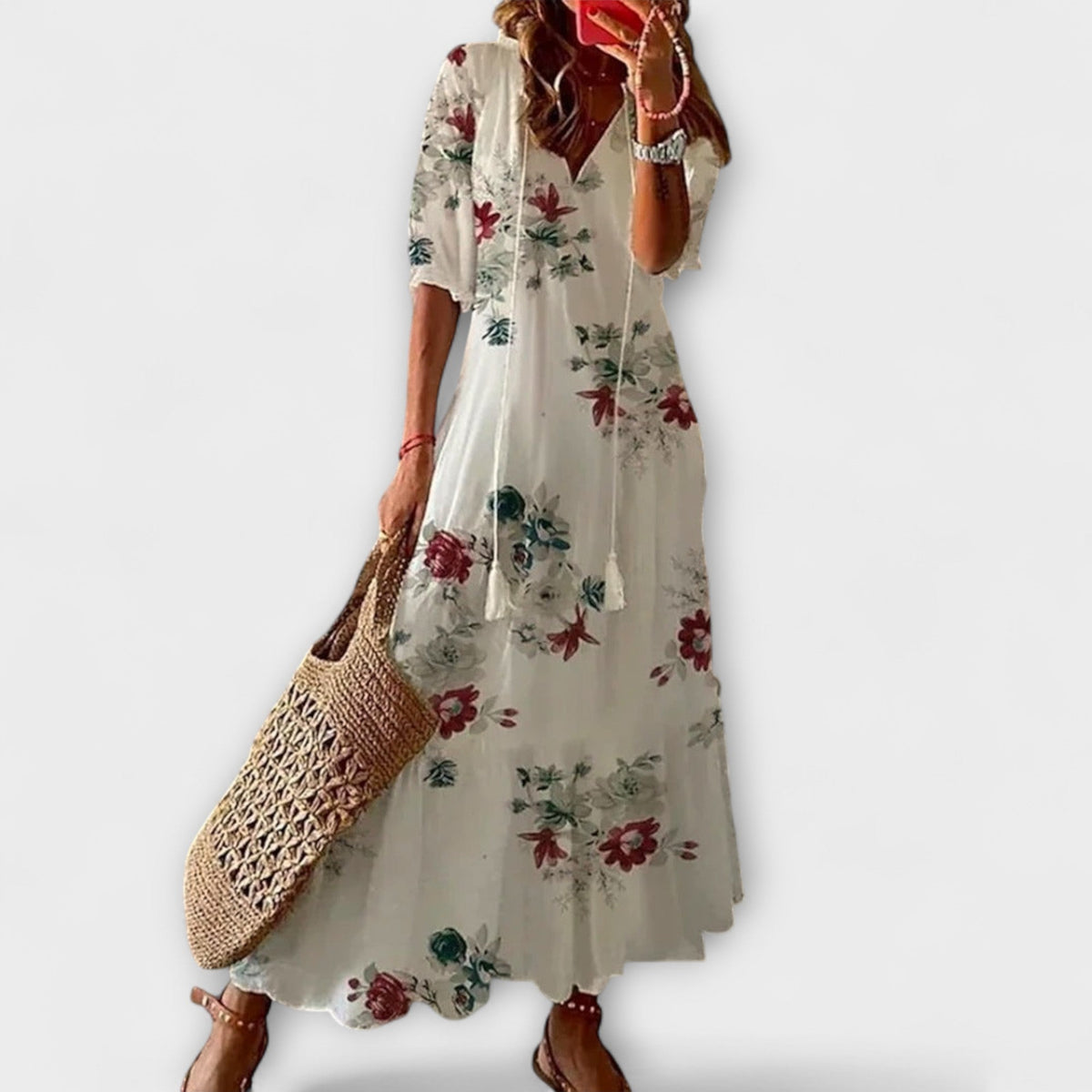 Anna - Robe d'Été Bohème Crème à Motif Floral