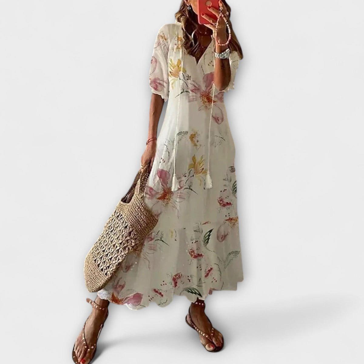 Anna - Robe d'Été Bohème Crème à Motif Floral