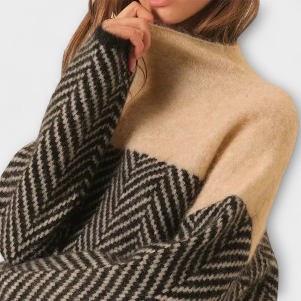 Agathe - Pull Col Roulé Marron à Chevrons