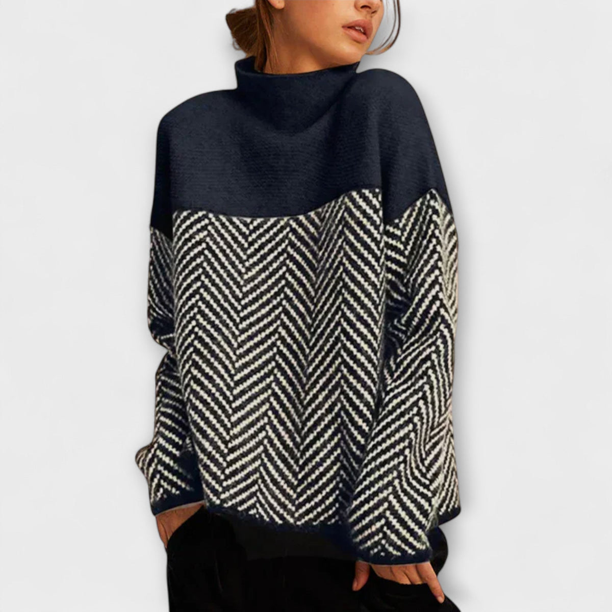 Agathe - Pull Col Roulé Marron à Chevrons