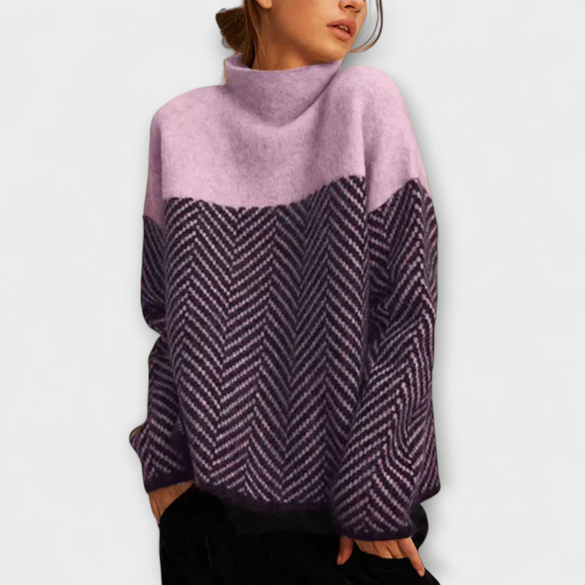 Agathe - Pull Col Roulé Marron à Chevrons