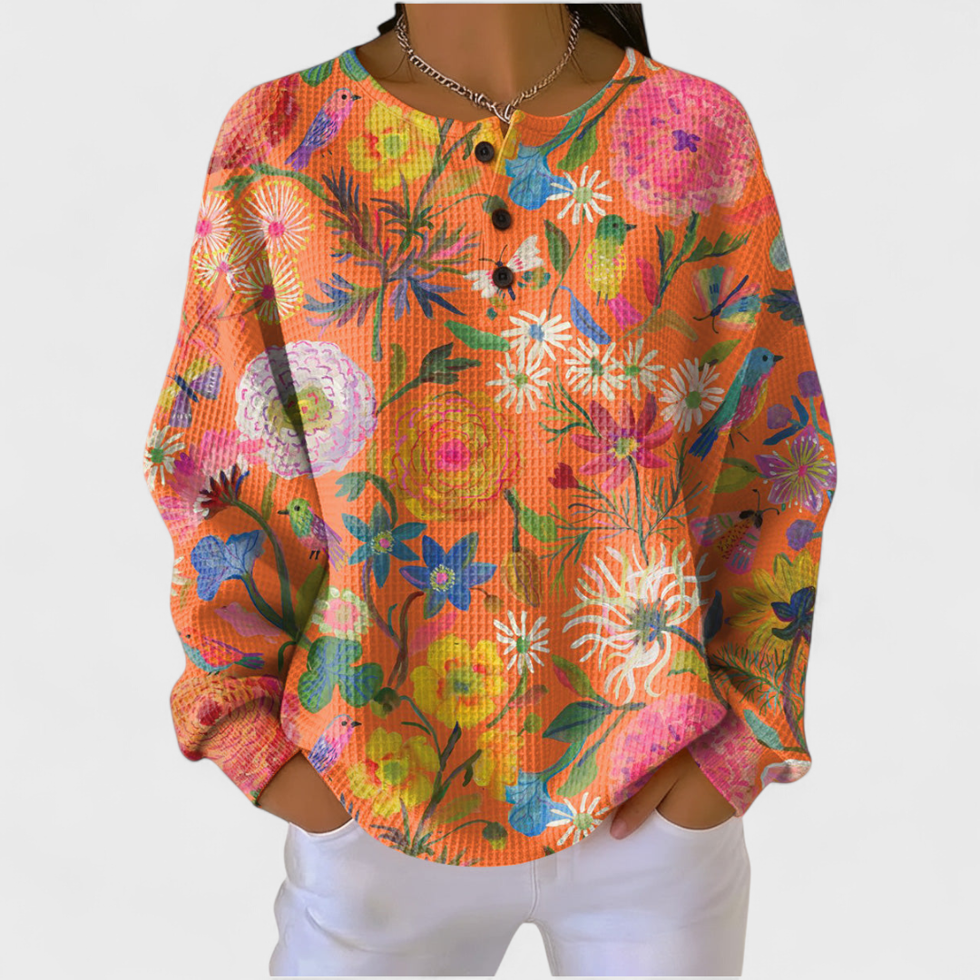 Faustine - Pull Orange à Motif Floral Coloré