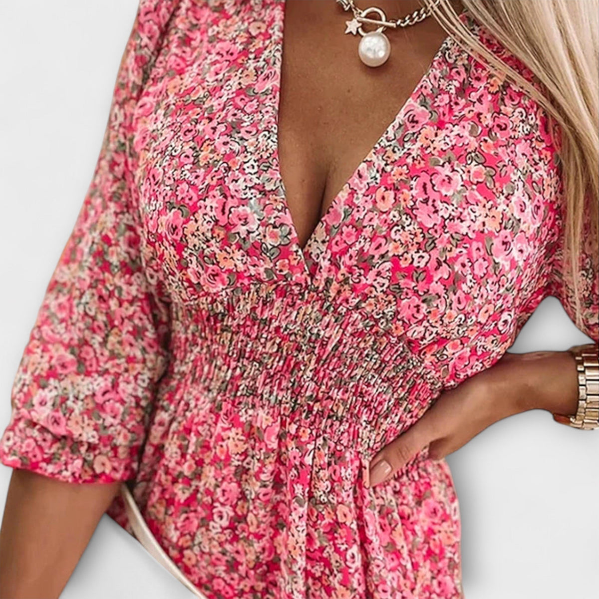 Robe Rose à Manches Bouffantes et Motif Floral