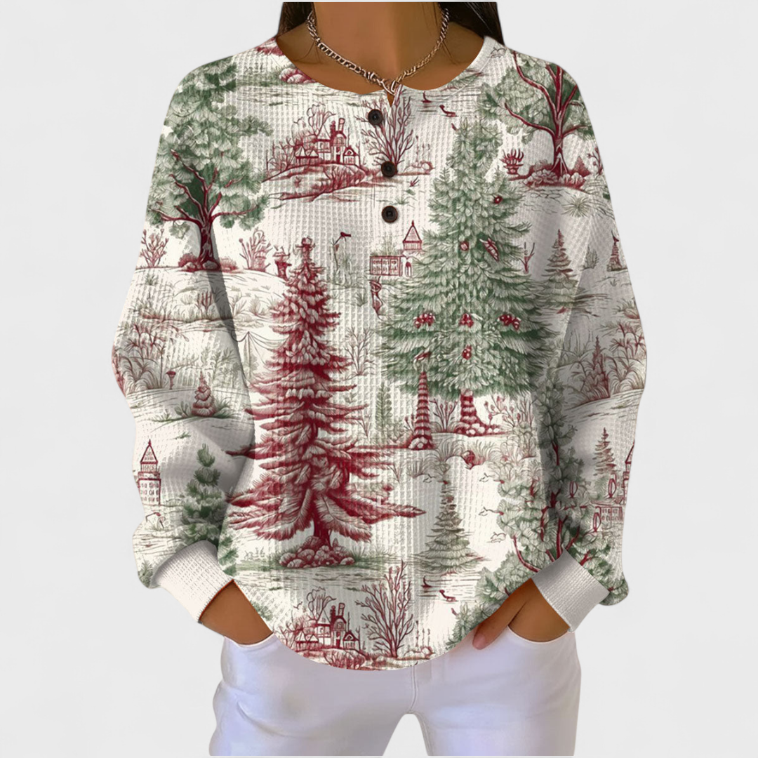 Louna - Pull Crème à Motif Forêt Hivernale