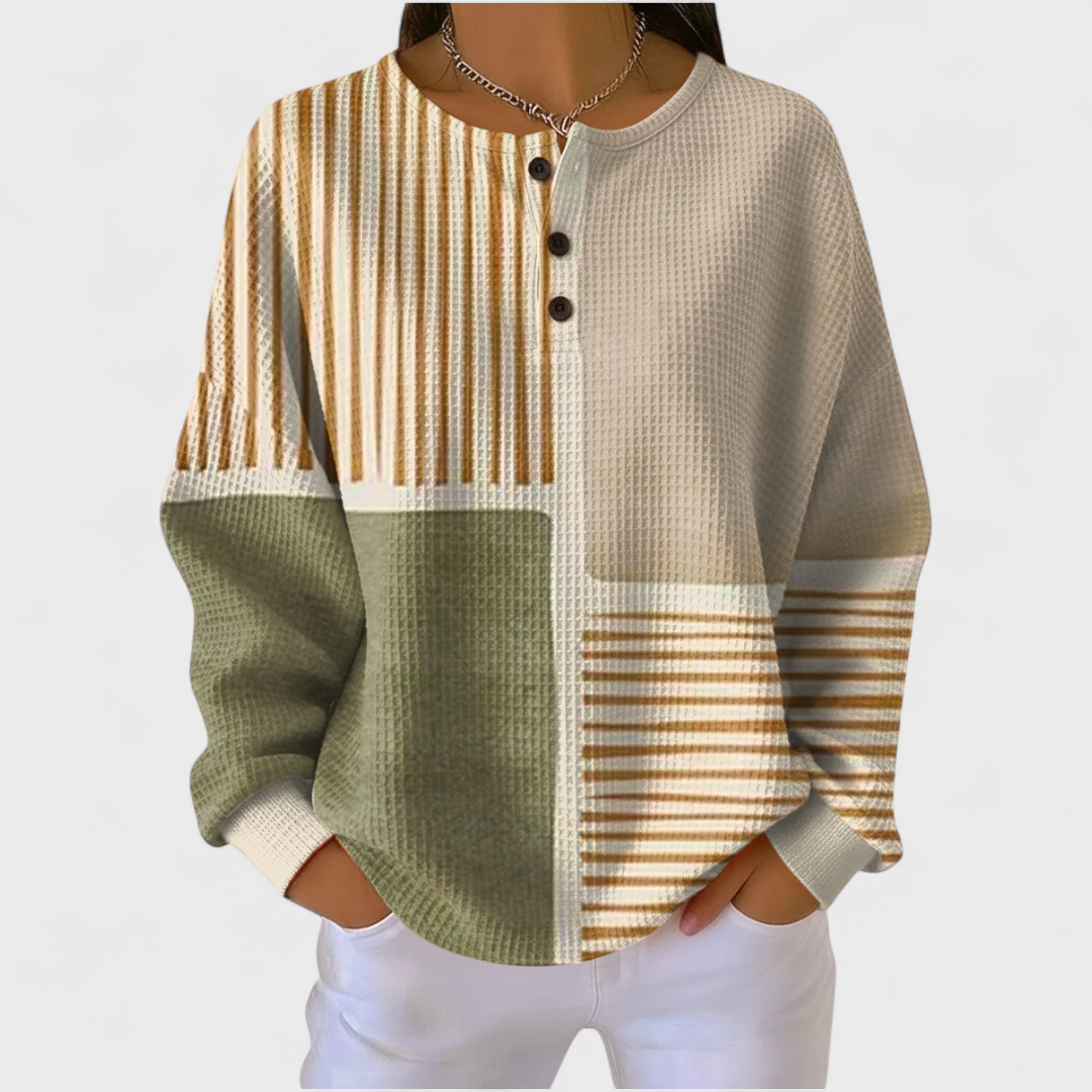 Luna - Pull Beige à Rayures et Motif Patchwork