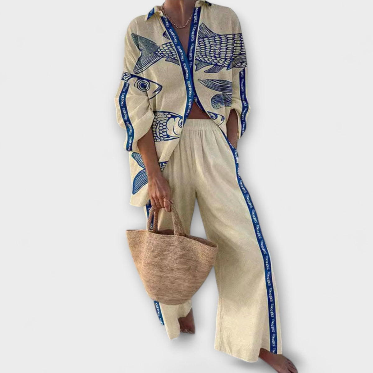 Inês - Ensemble Beige à Motif Poisson Bleu