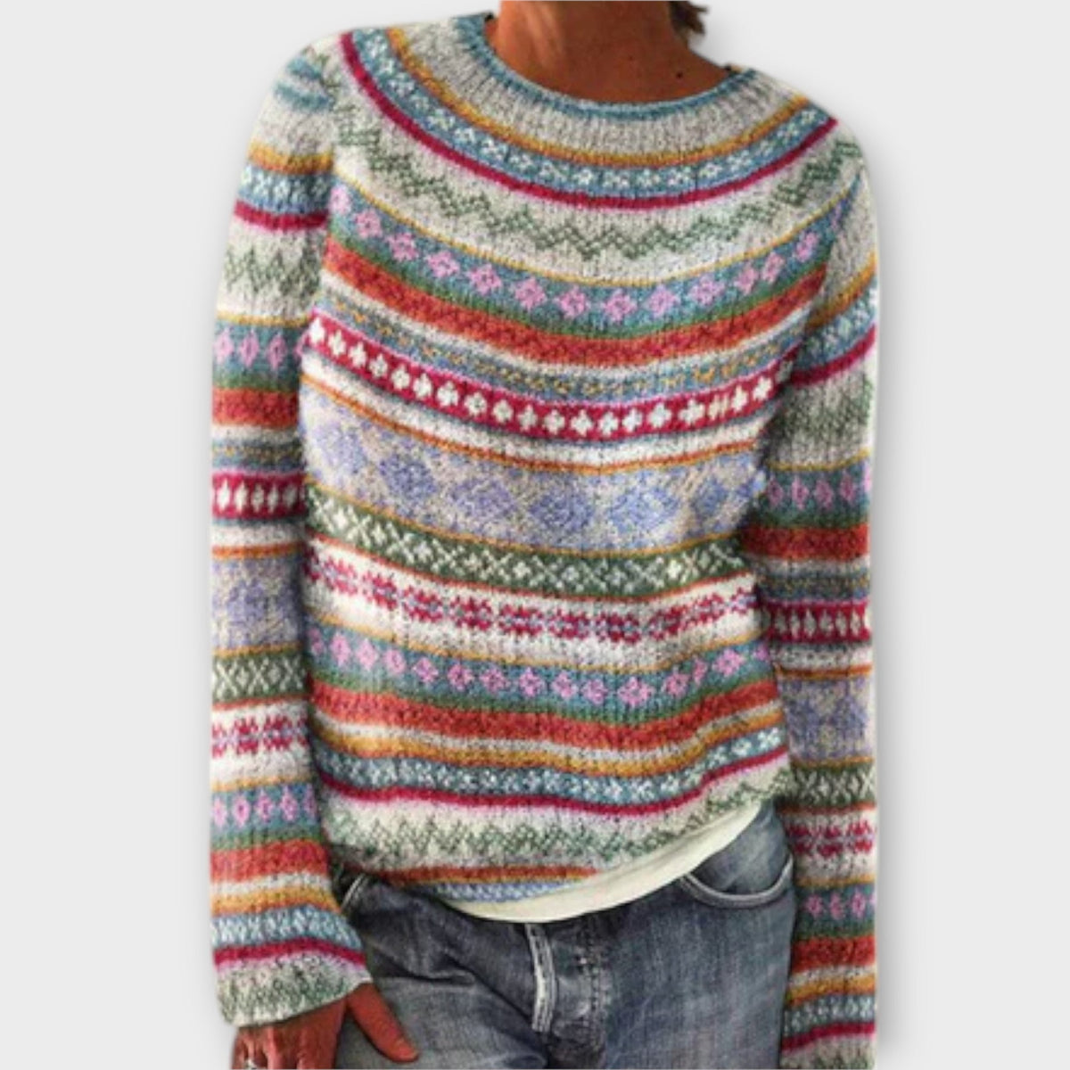Suzu - Pull Vintage Gris à Motif Norvégien Coloré