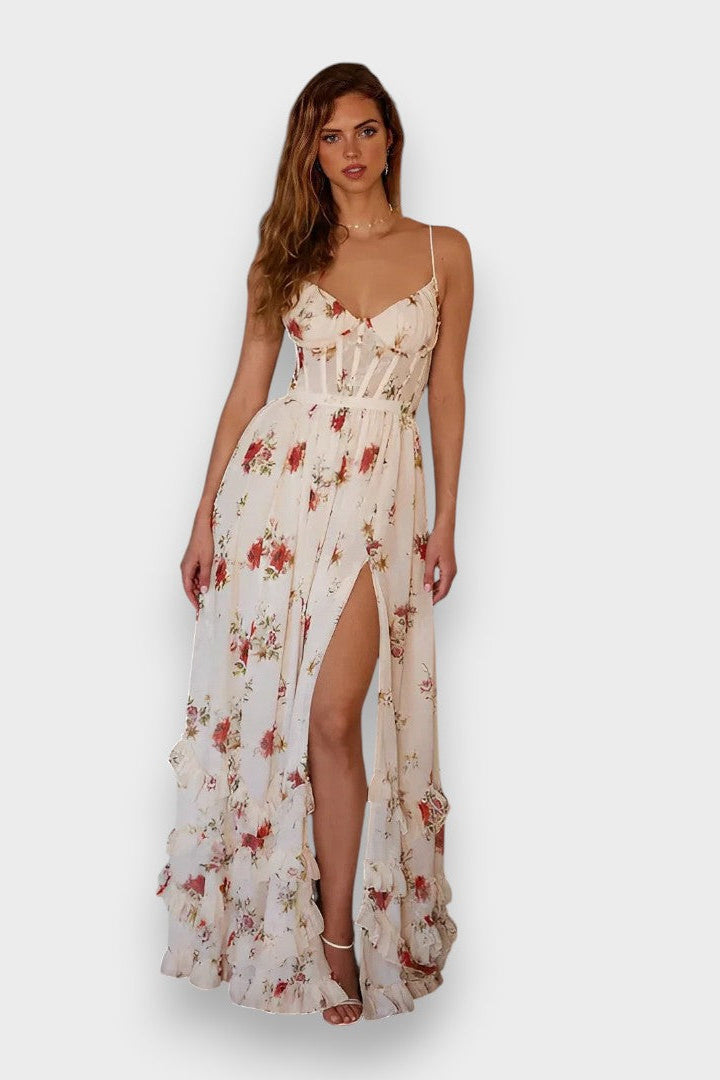 Sónia - Robe Midi Blanche à Motif Floral