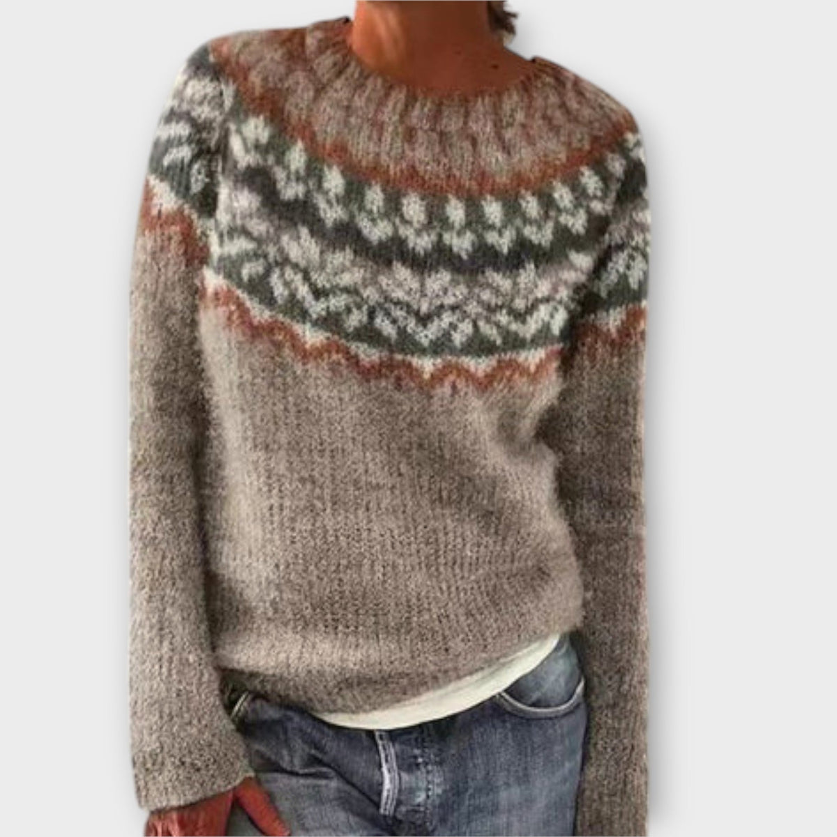 Suzu - Pull Vintage Gris à Motif Norvégien Coloré