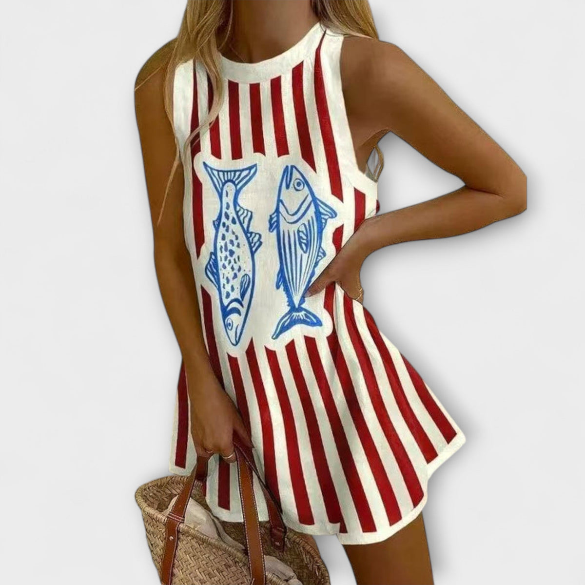 Delara - Robe Rayée Blanche et Rouge à Motif Poisson