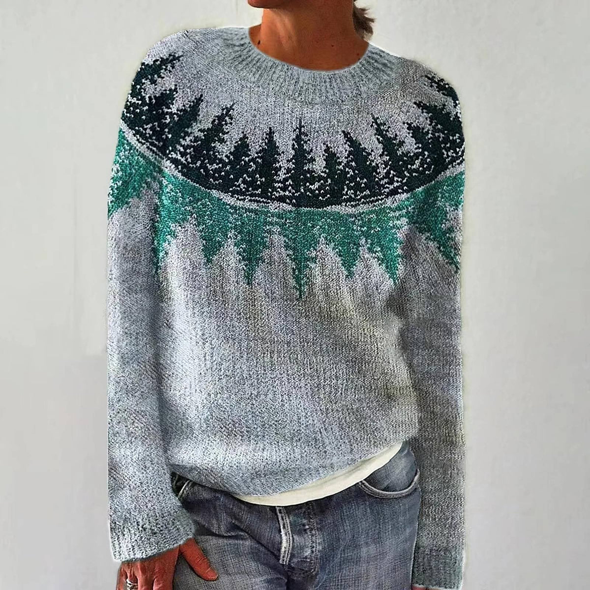 Svetlana | Pull Rétro Bleu à Motif Sapin