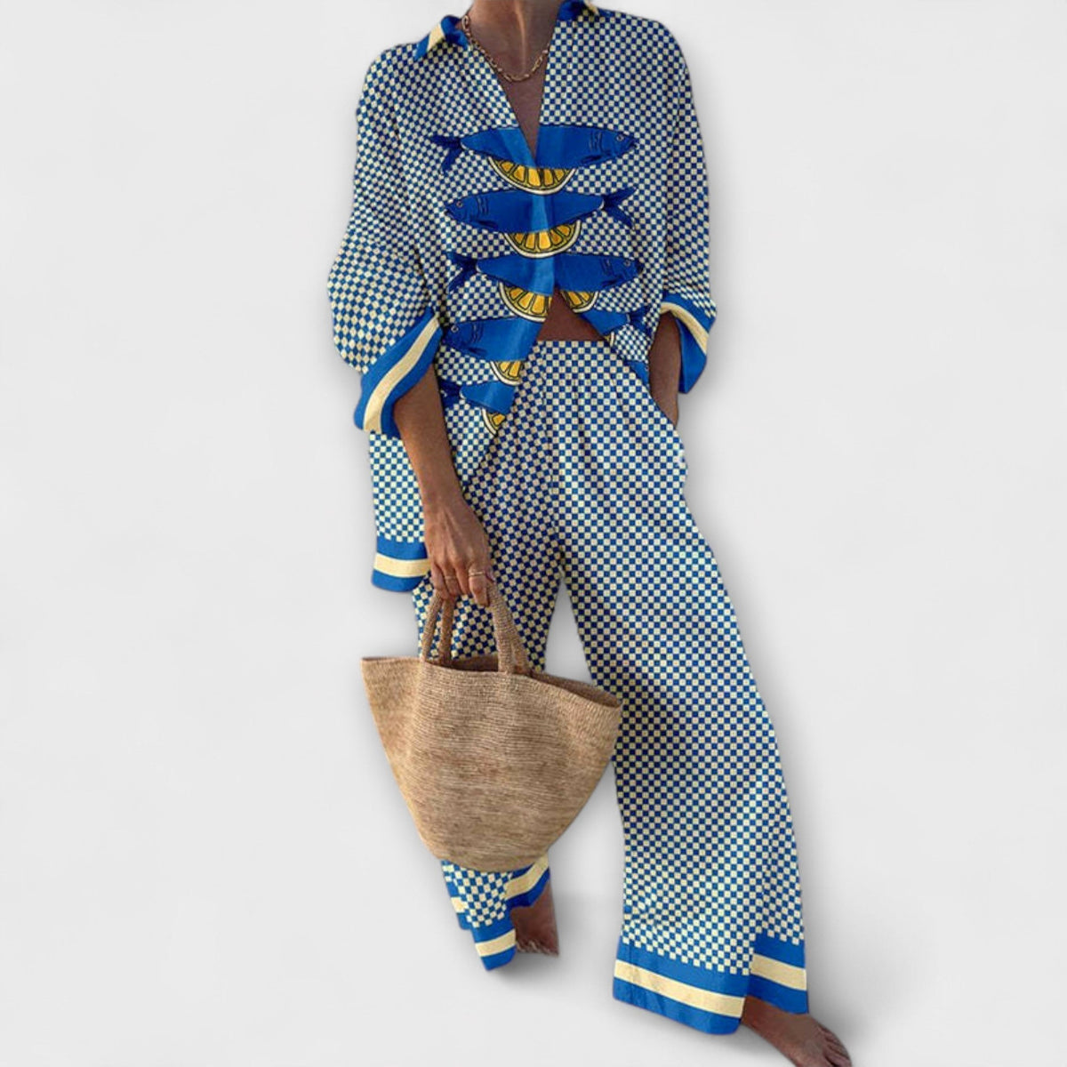 Sofia - Veste Bleue et Blanche à Motif Citron Méditerranéen