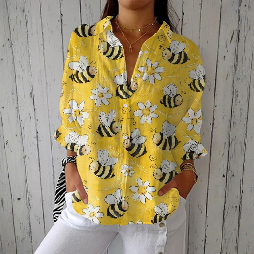 Claudina - Chemisier Jaune à Motif Abeilles et Marguerites