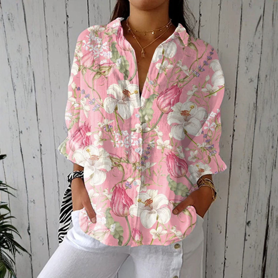 Nicole - Chemisier Élégant Blanc à Motif Floral Rose