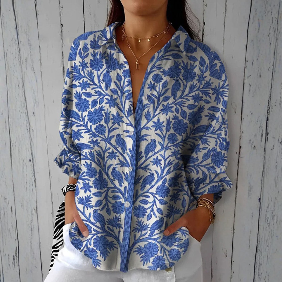 Elise - Chemisier Bleu et Blanc à Motif Oiseaux et Feuilles