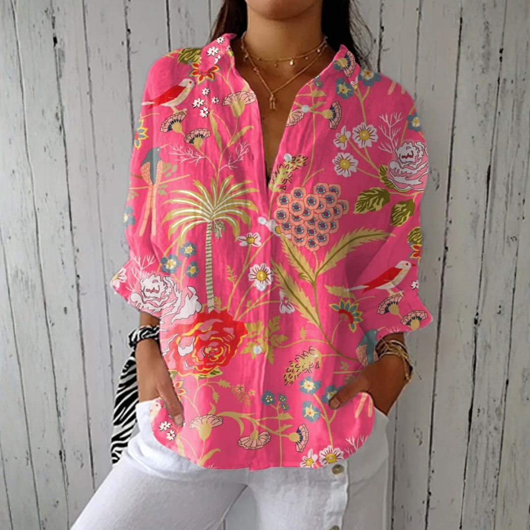 Joana - Chemisier Rose à Motif Floral Tropical