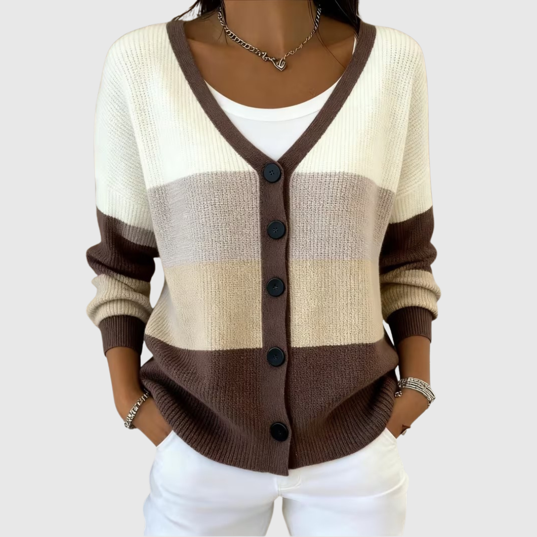 Odile - Cardigan boutonné en blocs crème et brun