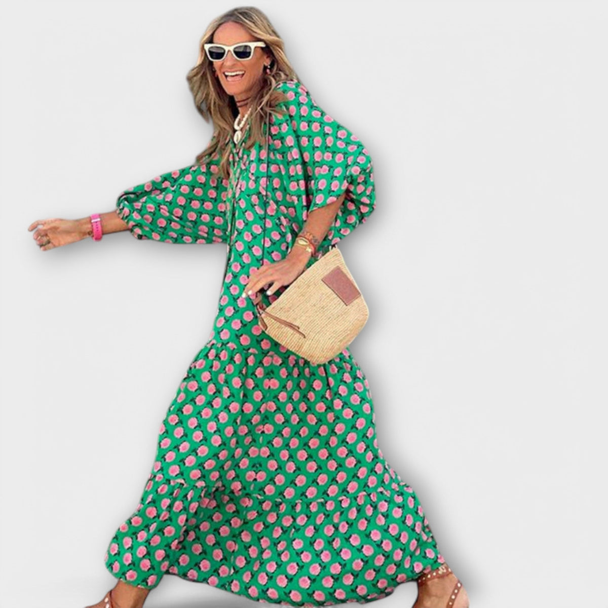 Robe Longue Élégante Verte à Motif Géométrique