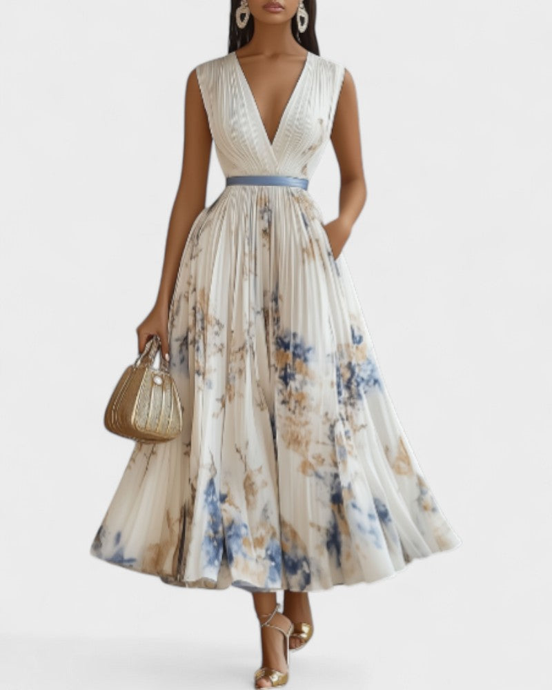 Jéssica - Robe de Fête Crème à Motif Floral