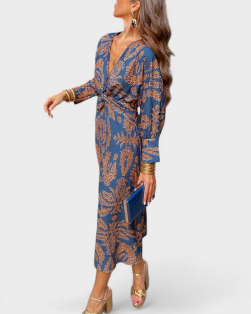Sabrina - Robe Midi Bleue à Imprimé Élégant