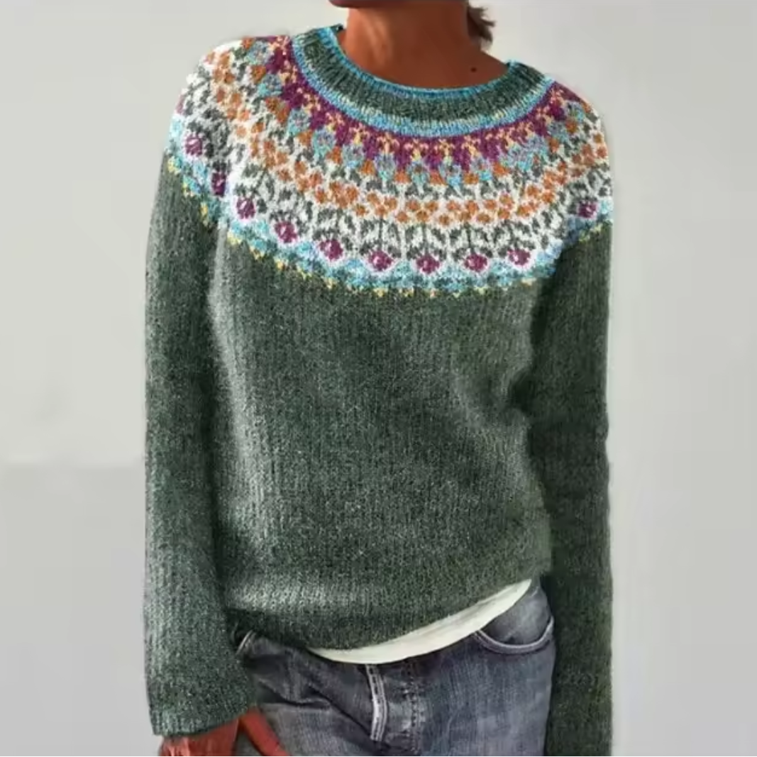 Susi | Pull Rétro Gris à Motif Norvégien Coloré