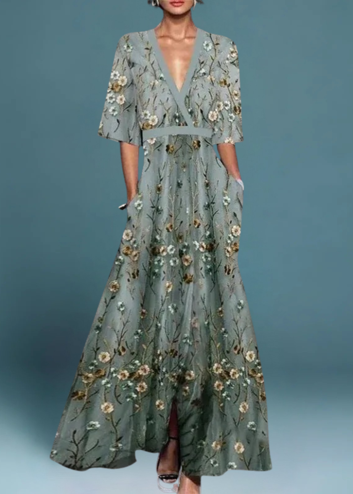 Rute - Robe Longue Vert Gris à Motif Floral