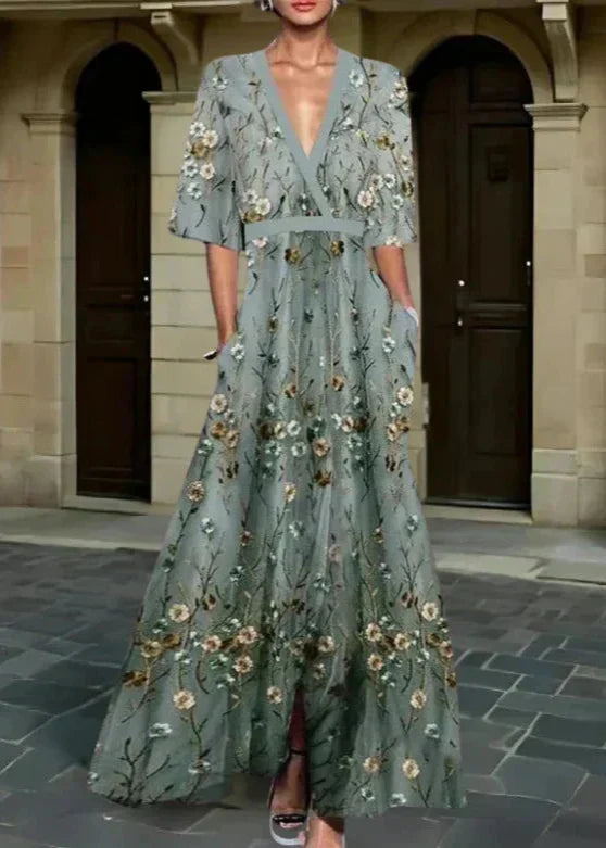 Rute - Robe Longue Vert Gris à Motif Floral