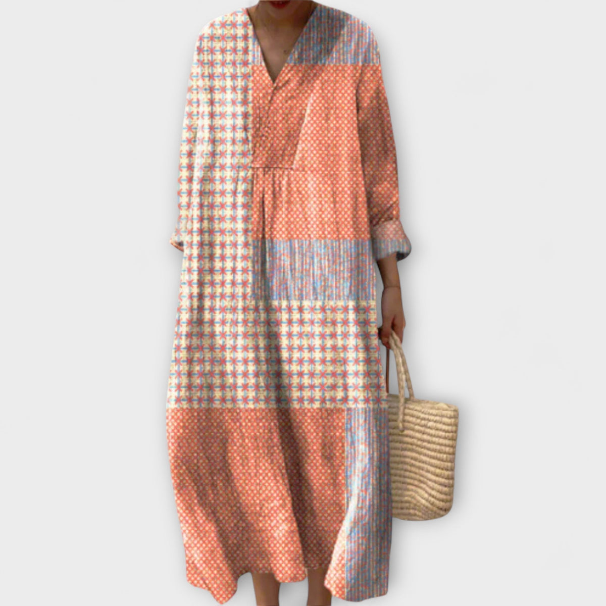 Bethany - Robe Orange et Blanche à Motif Patchwork