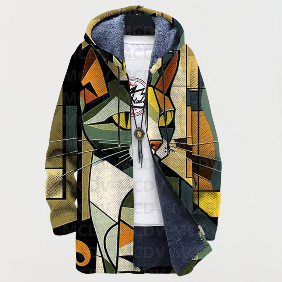 Gilet à capuche à motif de chat façon vitrail