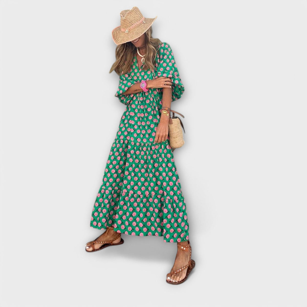 Robe Longue Élégante Verte à Motif Géométrique
