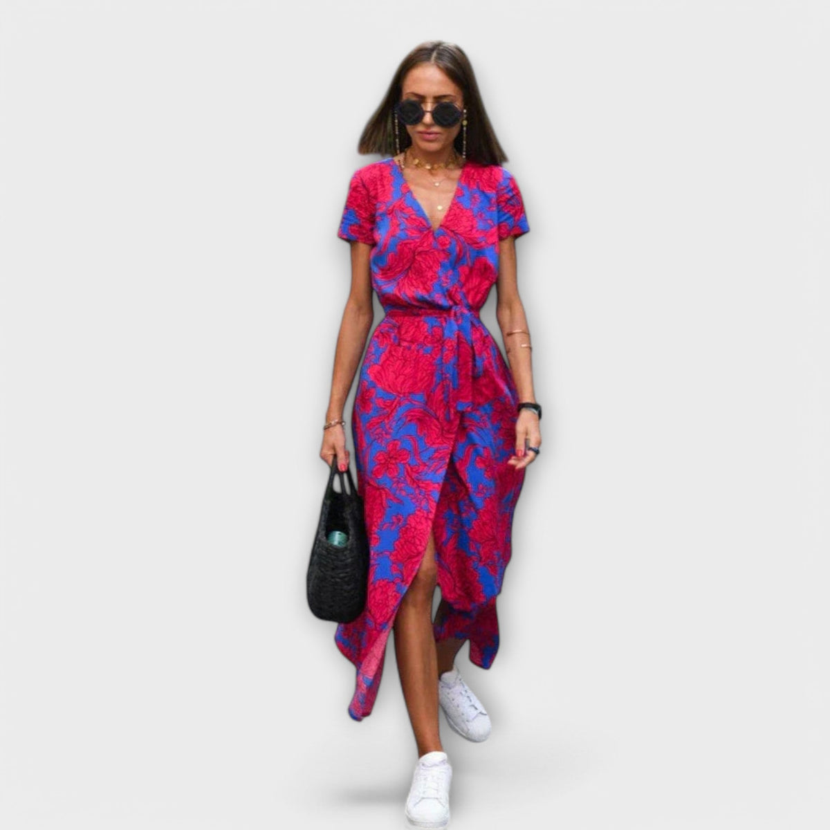 Eshel - Robe Confortable Rose et Vert à Motif Floral