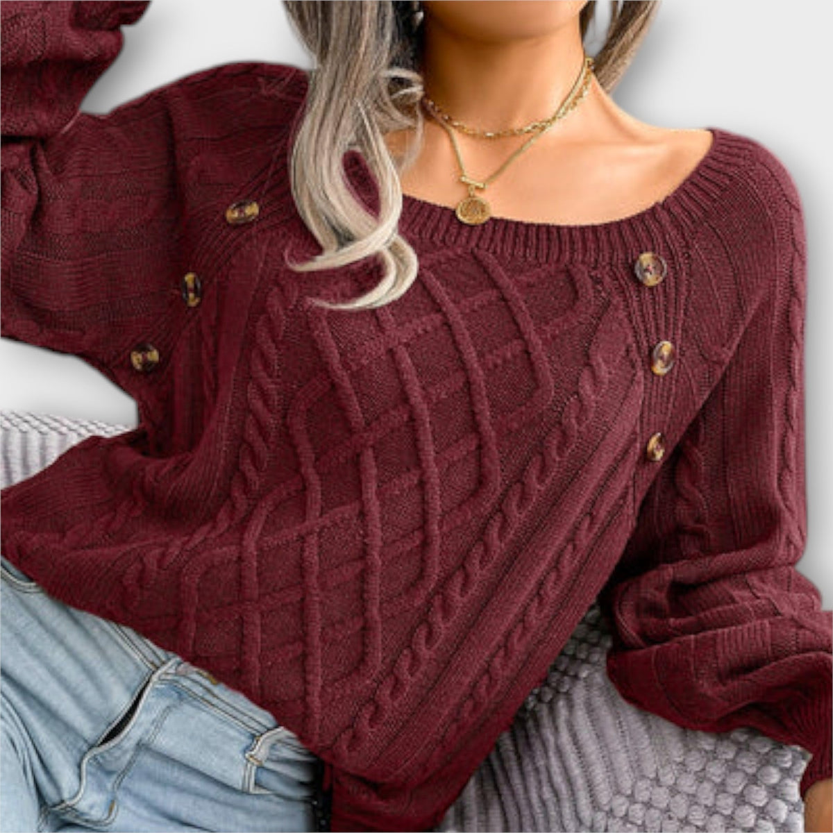 Malia - Pull Gris Foncé à Boutons et Torsades