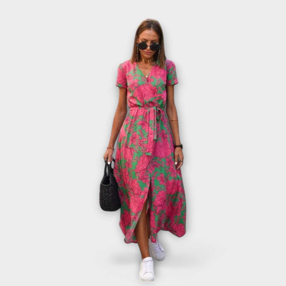 Eshel - Robe Confortable Rose et Vert à Motif Floral