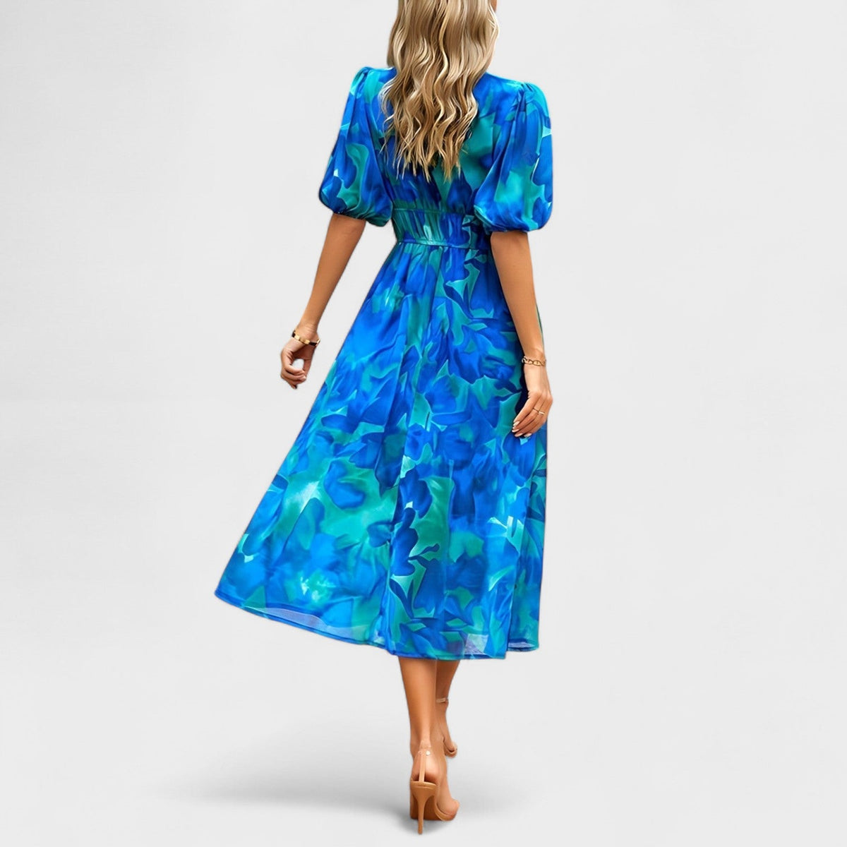 Clara - Robe Midi Bleue à Motif Floral