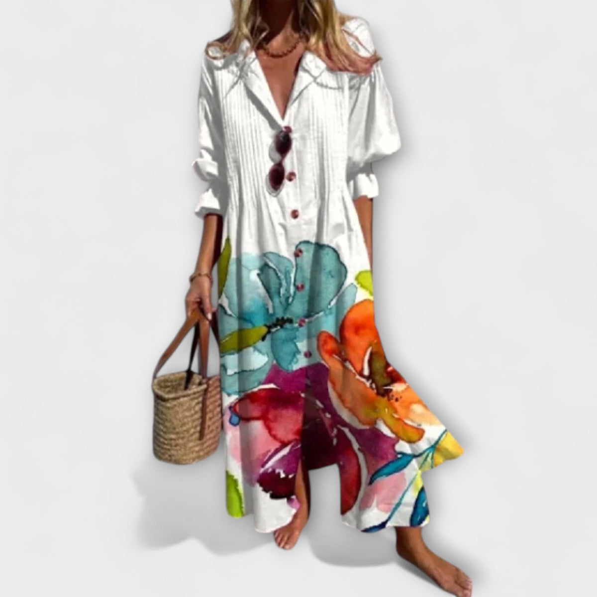 Lila - Robe Chemisier Bleu Clair à Motif Floral