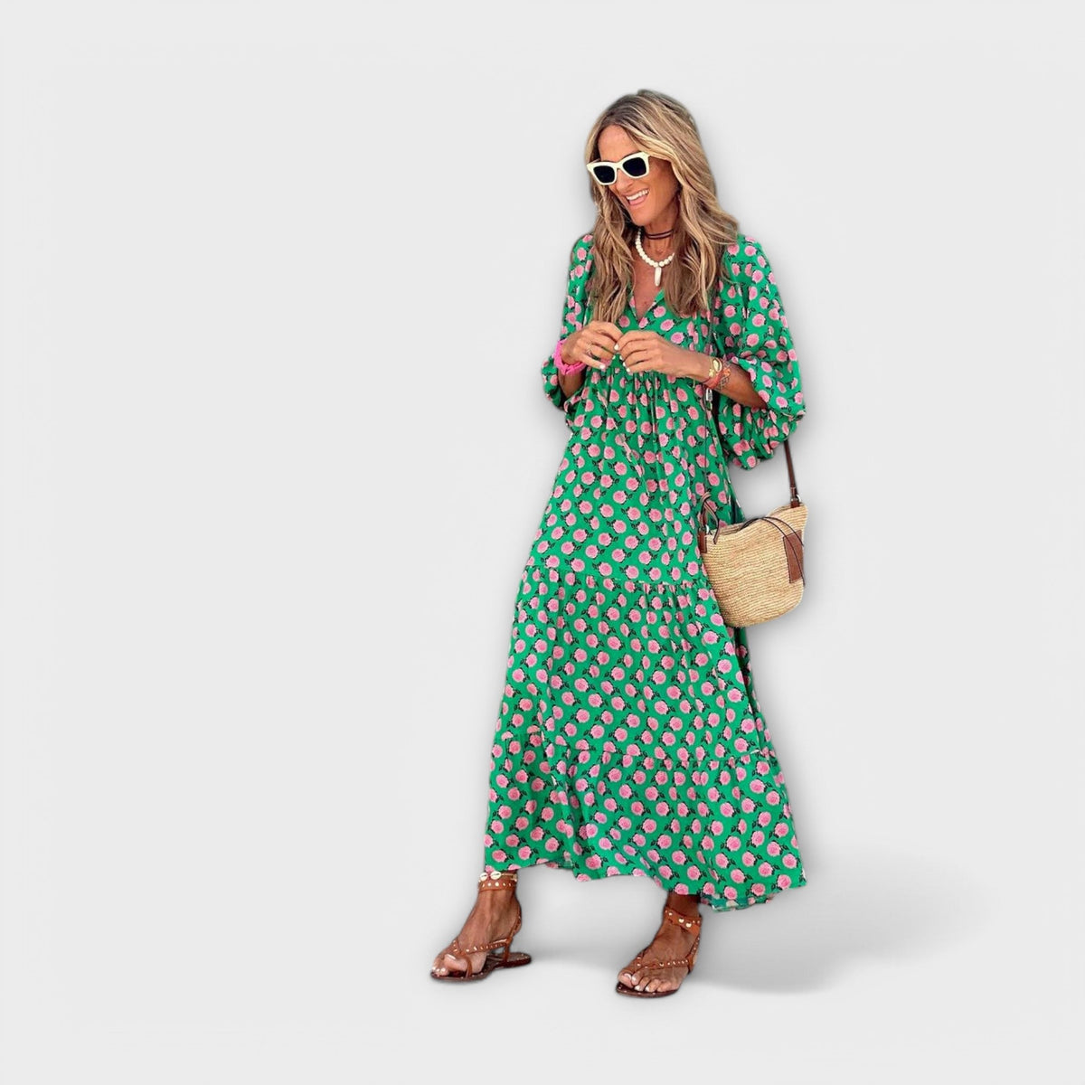 Robe Longue Élégante Verte à Motif Géométrique