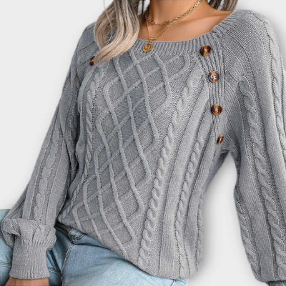 Malia - Pull Gris Foncé à Boutons et Torsades