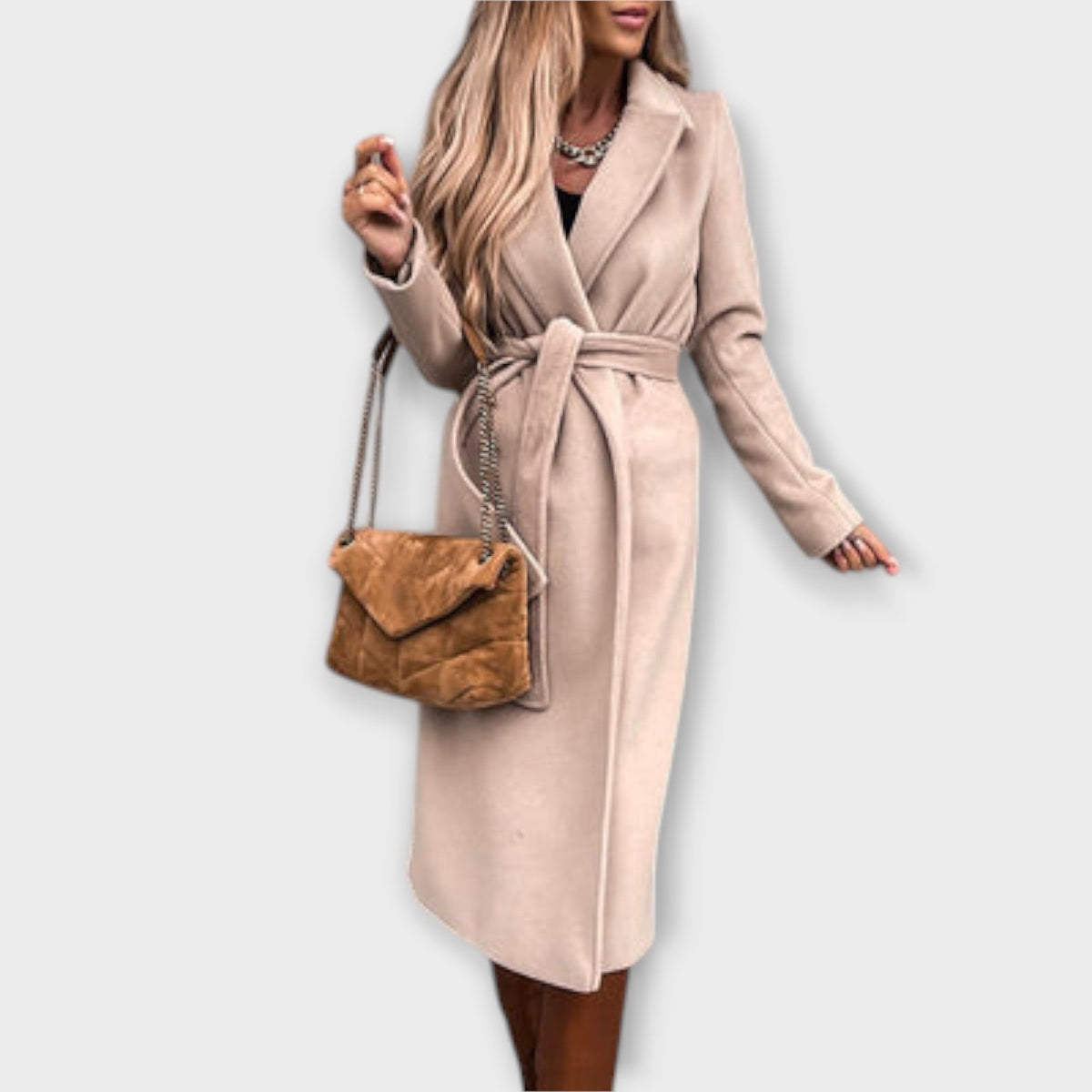 Eliza - Manteau Long Chic Crème à Ceinture