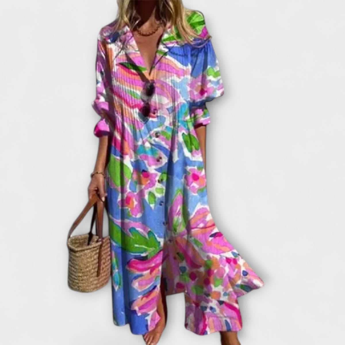 Lila - Robe Chemisier Bleu Clair à Motif Floral