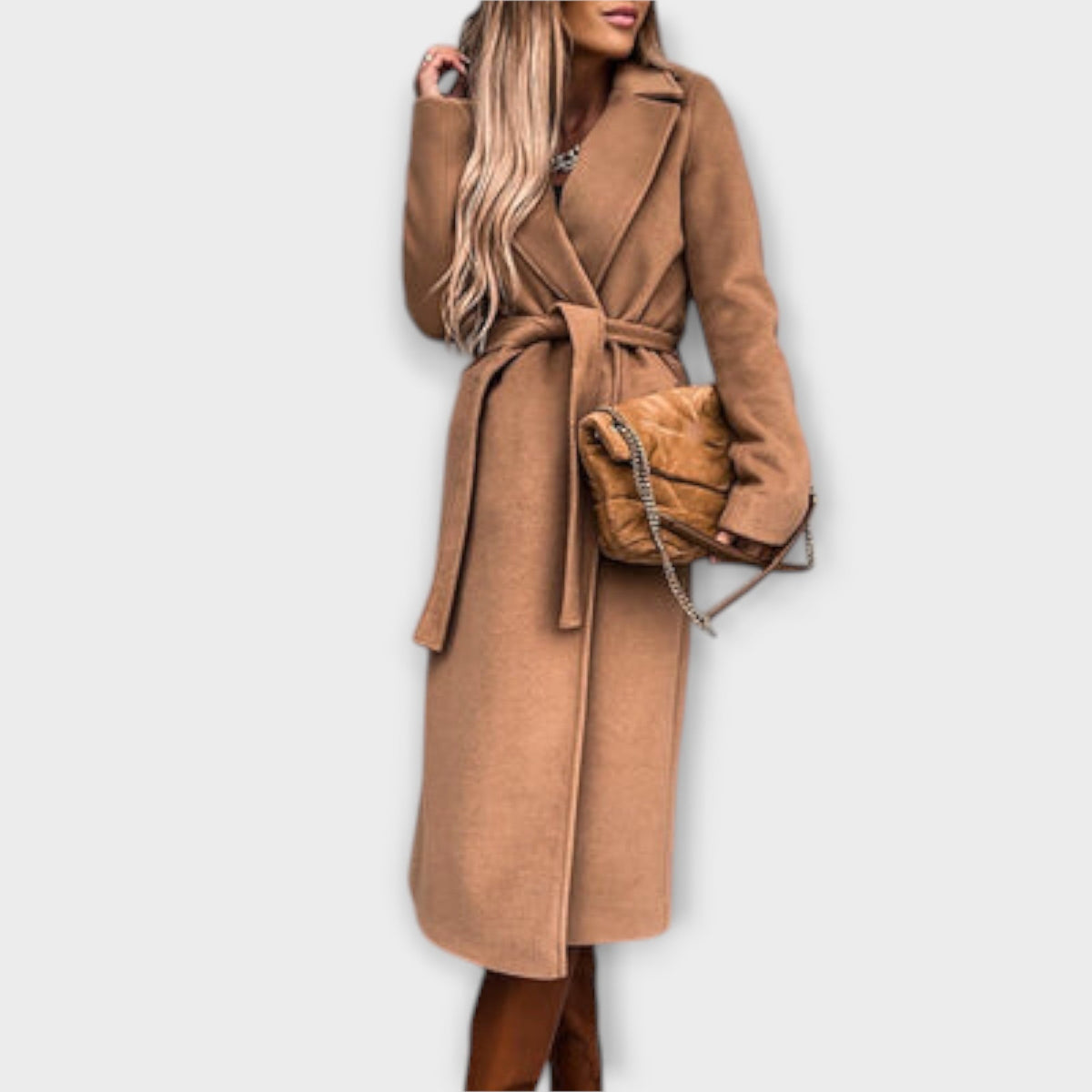 Eliza - Manteau Long Chic Crème à Ceinture