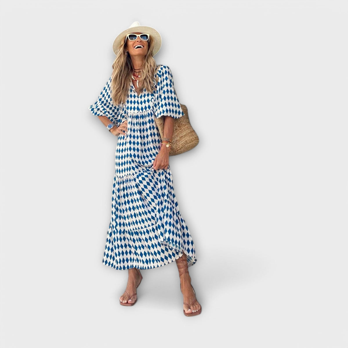 Robe Longue Élégante Verte à Motif Géométrique