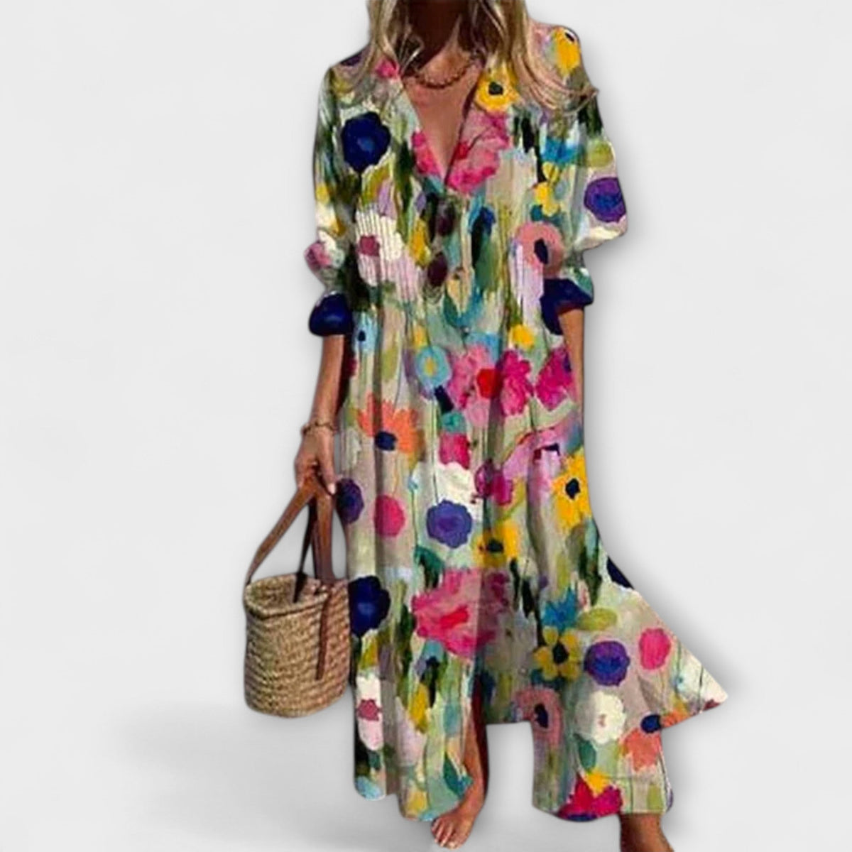Lila - Robe Chemisier Bleu Clair à Motif Floral