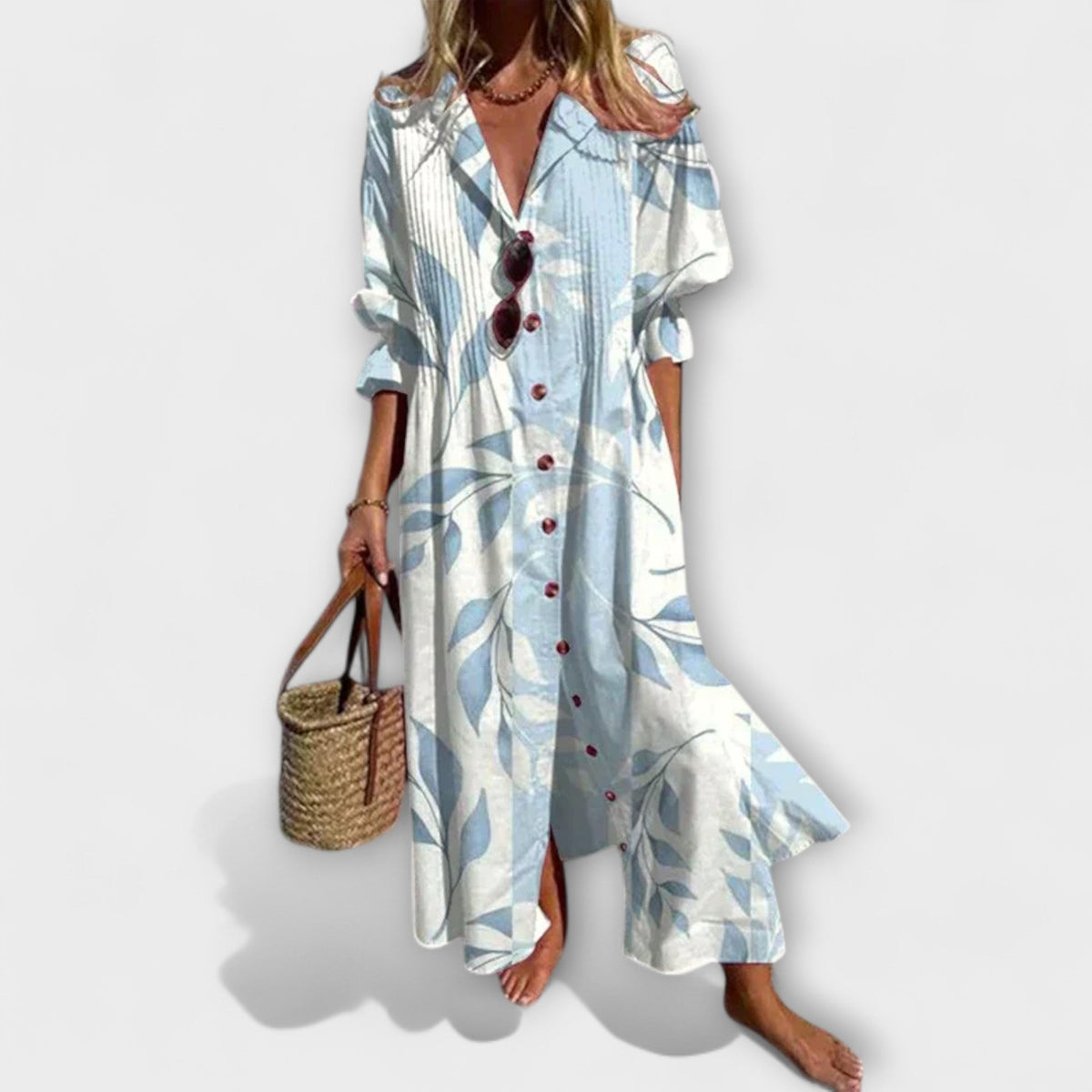 Lila - Robe Chemisier Bleu Clair à Motif Floral